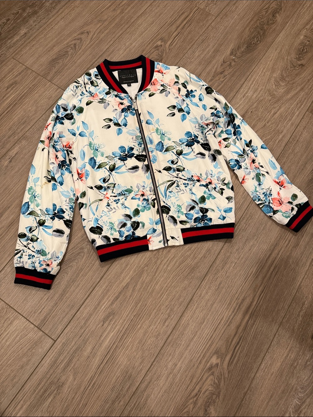Sanctuary (Never Worn) Floral Bomber Jacket - White with Blue & Pink Accents